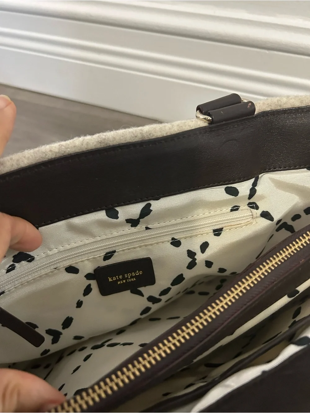 kate spade New York Wool Tote in Light Gray with Dark Brown Trim